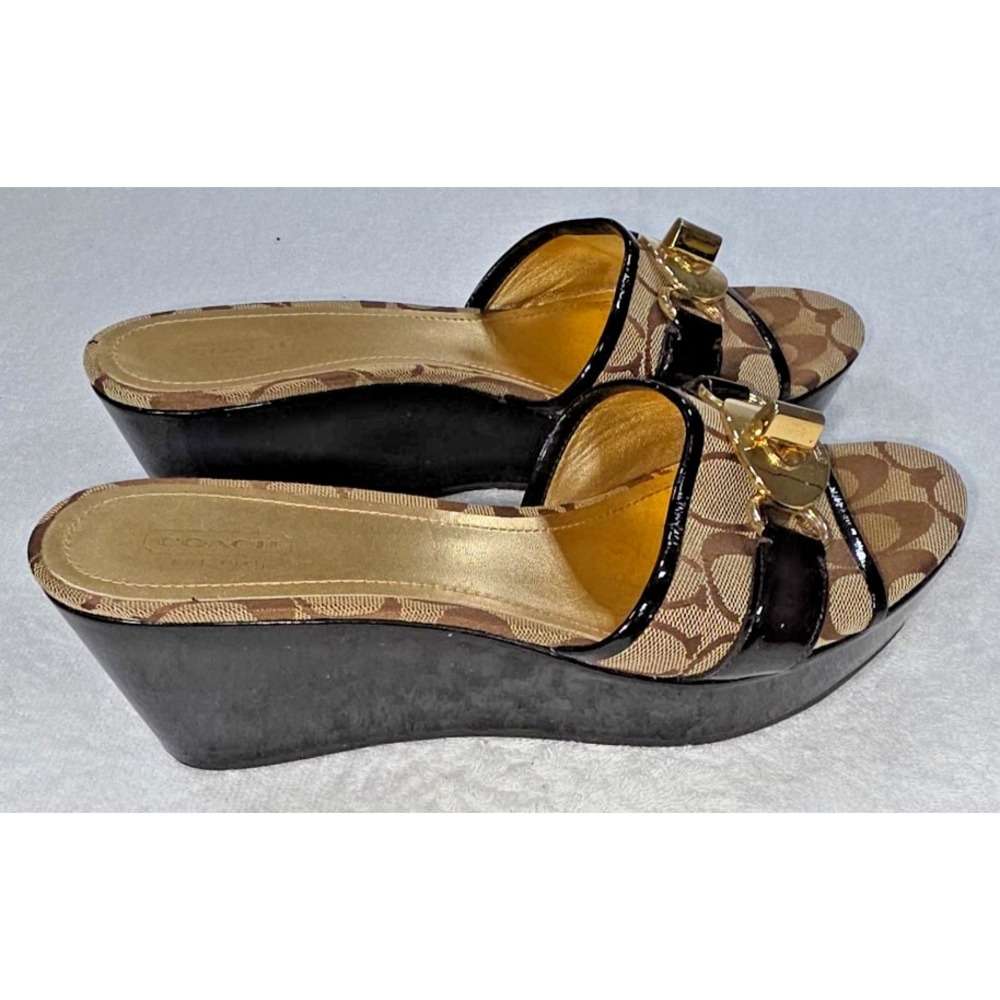 VTG Coach Monroe Signature Logo Slide Sandals Women's 9.5B Brown Wedge